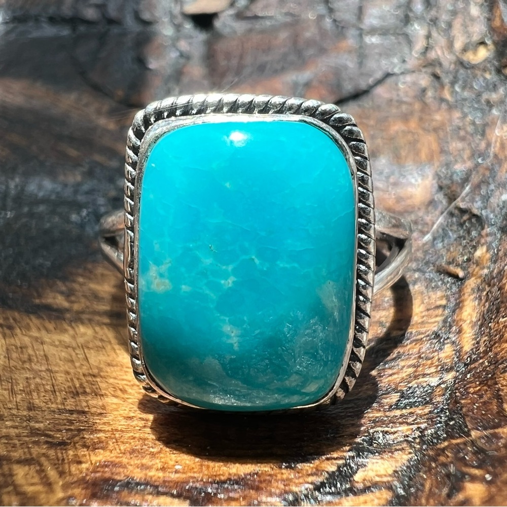 925 Sterling Kingman Turquoise Ring Size 7.25 Rectangular Cabochon